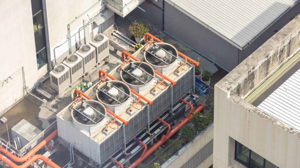 Cooling towers in data center building. Air conditioning cooling